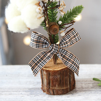 Mini Rustic Christmas Tree Decoration – 9.84 Inches Tall with Cotton and Plaid Bow Accents (4 trees) thumbnail