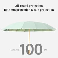 Traditional Chinese Style Folding Umbrella - Green Floral Design with 16-Rib Structure thumbnail