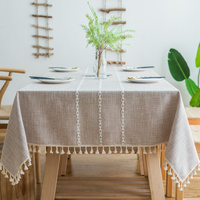160*100cm Beige Striped Cotton Linen Embroidered Tassel Tablecloth - European & American Pastoral Style for Restaurants thumbnail