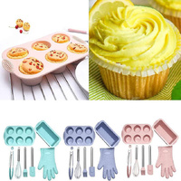 Pink 7-Piece Silicone Bakeware Set with Whisk, Spatula, Brush, Gloves, and Cake Molds for Home Baking thumbnail