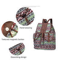Diamond Pattern Bohemian Style Canvas Backpack - Vintage Tribal Pattern Travel Bag with Leather Straps thumbnail
