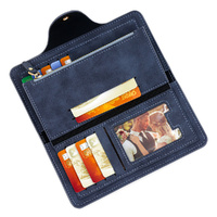 Blue Women's Long Zipper Wallet with Button Closure - PU Leather Multi-Compartment Clutch Purse thumbnail