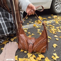 White Vintage Studded PU Leather Shoulder Bag with Adjustable Strap thumbnail