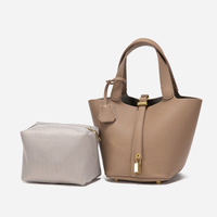 Beige Elegant Women's Leather Tote Handbag with Gold Lock Detail thumbnail