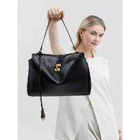Elegant Black Leather Handbag with Gold Accents - Versatile Shoulder and Hand Carry thumbnail