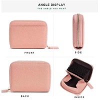 Pink Genuine Leather Women’s Wallet – Short Accordion Card Holder with RFID Protection, Zippered Coin Purse in Cowhide Leather, Japanese Style thumbnail