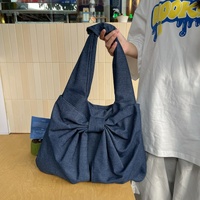 Blue Women's Bowknot Shoulder Bag - New Sweet Style, Large Capacity Canvas Tote Bag, Commuter Single Shoulder Handbag thumbnail