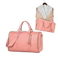 Pink  PU Leather Foldable Garment Bag, Women's Travel Duffel with Suit Carrier, Multi-Function Storage thumbnail