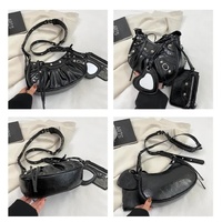 Silver Vintage Rivet Crescent Moon Bag with Card Holder & Mirror, French Retro PU Leather Shoulder & Crossbody Motorcycle Bag for Women thumbnail