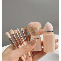 Red 8-in-1 Retractable Mini Makeup Brush Set with Protective Cover - Compact Design for Travel and On-the-Go Touchups thumbnail
