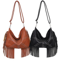 Black Trendy Rivet Fringe Shoulder Bag – Large Capacity Soft Leather Handbag for Women, Perfect for Travel and Leisure thumbnail