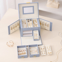 Light Blue Luxury PU Leather Jewelry Storage Box - 3-Tier Organizer with Mirror for Necklaces, Earrings, and Rings(Jewelry is a photo prop and is not  thumbnail