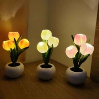 Blue Flowers USB Tulip Night Light - Bedroom Decor Table Lamp with PU Flowers & Ceramic Pot, Perfect Gift for Family & Friends thumbnail