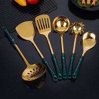 Dark Green Gold Stainless Steel Kitchen Utensil Set - 7-Piece Golden Cooking Tools with Stand thumbnail