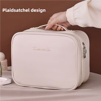 Brown Portable PU Leather Makeup Bag with Detachable Divider - Travel Cosmetic Organizer thumbnail