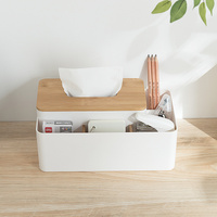 White Multifunctional Tissue Box Organizer - Bamboo Lid with Dividers for Desktop Storage thumbnail