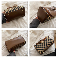 Brown Checkered Cosmetic Bag with Handle - Stylish, Compact, and Practical for Travel thumbnail
