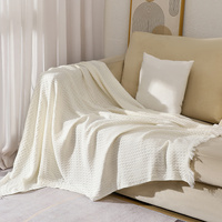 130*230CM Off White Nordic Solid Color Knitted Sofa Throw Blanket with Tassels – Waffle Weave Polyester Decorative Blanket thumbnail