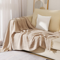 130*230CM Khaki Nordic Solid Color Knitted Sofa Throw Blanket with Tassels - Waffle Weave Polyester Decorative Blanket thumbnail