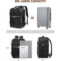 Black 40L Large Capacity Travel Business Backpack with Expandable Compartments, Including 2 Toiletry Bags and Shoe Bag - Durable Oxford Fabric thumbnail