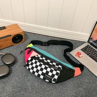Multi-Coloured Patchwork Black and White Check Trendy Checkered Crossbody Bag - Color-Block Chest Bag for Men and Women, Lightweight Nylon Waist Bag thumbnail