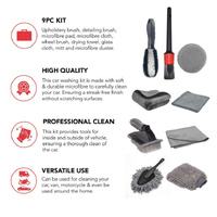 Type A 9-Piece Car Wash Tool Kit - Tire & Wheel Brushes, Wash Mitt, Microfiber Towels, and Wax Sponge Set thumbnail