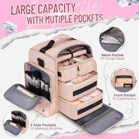 Pink 4-in-1 Travel Cosmetic Organizer Bag with Detachable Polyester Storage Boxes and Jewelry Roll, Multiple Compartments, Portable Makeup Bag thumbnail