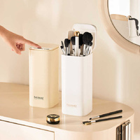 Cream Yellow Automatic Lifting Makeup Brush Holder with 4 Compartments, Large Capacity Cosmetic Brush Organizer(Makeup brushes are shooting props and  thumbnail