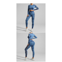 Dark Blue Size M Tie-Dye Yoga Set Long Sleeve Butt Lift Leggings Seamless Workout Training Gym Clothes thumbnail