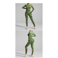 Grass Green Size L Tie-Dye Yoga Set Long Sleeve Butt Lift Leggings Seamless Workout Training Gym Clothes thumbnail