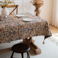 Floral Vintage Bird Tassel Tablecloth | Vintage Cotton and Linen Jacquard Tablecloth, 90x90cm thumbnail