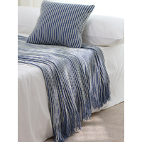 Blue Cozy Knit Throw Blanket with Fringe – Stylish Striped  Bed End Cover, 127x170cm thumbnail