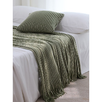 Green Cozy Knit Throw Blanket with Fringe - Stylish Striped  Bed End Cover, 127x220CM thumbnail