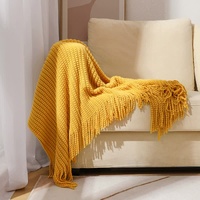 Yellow Premium Woven Knitted Throw Blanket with Tassels | Soft, Cozy Sofa & Bed Blanket, Perfect for Office or Afternoon Naps 130x220cm thumbnail