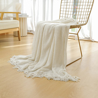 Beige Premium Woven Knitted Throw Blanket with Tassels | Soft, Cozy Sofa & Bed Blanket, Perfect for Office or Afternoon Naps 127x172cm thumbnail