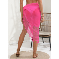 Rose red Women's Mesh Detail Beach Wrap - Tassel Trim Swim Cover-Up 95x195cm thumbnail