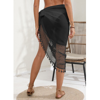 Black Women's Mesh Detail Beach Wrap - Tassel Trim Swim Cover-Up 95x195cm thumbnail