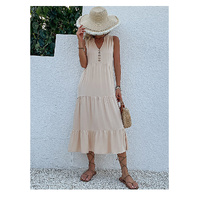 Apricot Flowy Sleeveless Midi Dress - Sleeveless solid sundress with decorative buttons Size M thumbnail