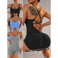 Size L Black Nylon Seamless Yoga Bodysuit - Women's Athletic Romper, Crisscross Back, Workout Jumpsuit thumbnail
