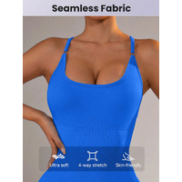 Size L Royal Blue Nylon Seamless Yoga Bodysuit - Women's Athletic Romper, Crisscross Back, Workout Jumpsuit thumbnail