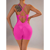 Size XS Rose Red Grey Nylon Seamless Yoga Bodysuit - Women's Athletic Romper, Crisscross Back, Workout Jumpsuit thumbnail