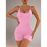 Size L Light Pink Grey Nylon Seamless Yoga Bodysuit - Women's Athletic Romper, Crisscross Back, Workout Jumpsuit thumbnail