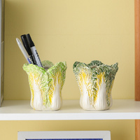 2 Pcs Dark Green Premium Ceramic Cabbage Makeup Brush Holder - Elegant 10.5cm High-End Desktop Organizer thumbnail