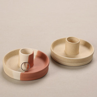 2 Pcs Blue, White And Yellow Stitching Oval Bottom Nordic Ceramic Candle Holder with Jewelry Dish - Elegant Minimalist Home Decor Piece thumbnail