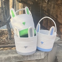 Green And White Stitching Charming Easter Egg Tote Basket - Cute Rabbit-Themed Handwoven Cotton Rope Candy Holder thumbnail