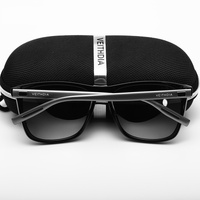 Black Frame + Black Temples + Photochromic Blue Lenses Unisex Aluminum-Magnesium Square Polarized Sunglasses - Stylish UV-Protective Driving Glasses w thumbnail