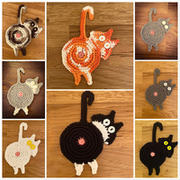 4 Pcs Orange Cute Cat Butt Knitted Coaster - Lightweight Crochet Drink Mat, 15x10cm thumbnail