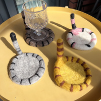 2 Pcs Yellow Handmade Wool Felt Cat Coasters - Cute Tiger Design, Heat-Resistant Table Mats thumbnail
