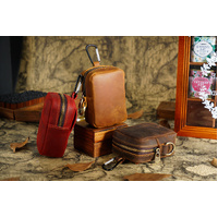 Brown Genuine Leather Belt Pouch - Mini Waist Bag with Zipper and Carabiner thumbnail