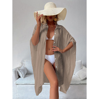 Dark Khaki Summer Beach Cover-Up- Bamboo Cotton Sun Protection Cardigan thumbnail